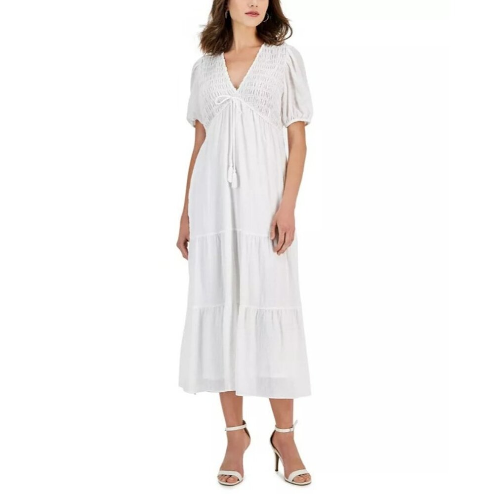 Taylor White Smocked A Line Babydoll Midi Dress XS Milkmaid Cottagecore Girly